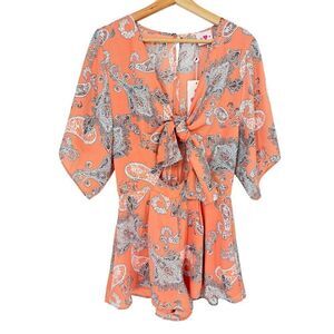 Buddy Love Stella Paisley Tie Front Blouse Top Small Orange Boho Festival NWT
